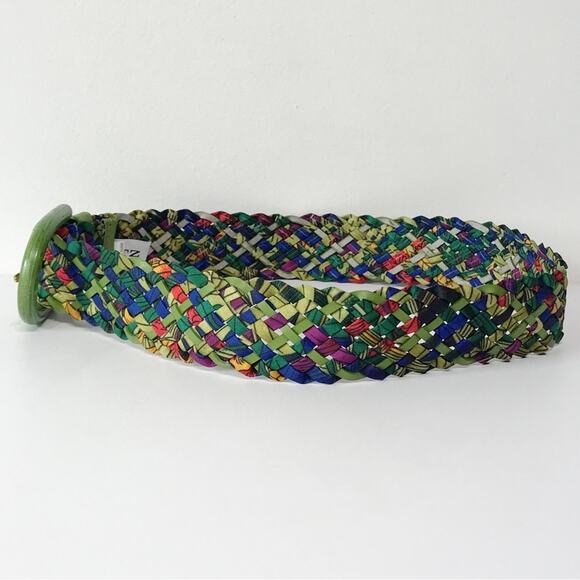 Vintage Ritz Bright Bamboo Buckle Lime Green Purple Woven Braided Belt Tropical - Picture 7 of 15